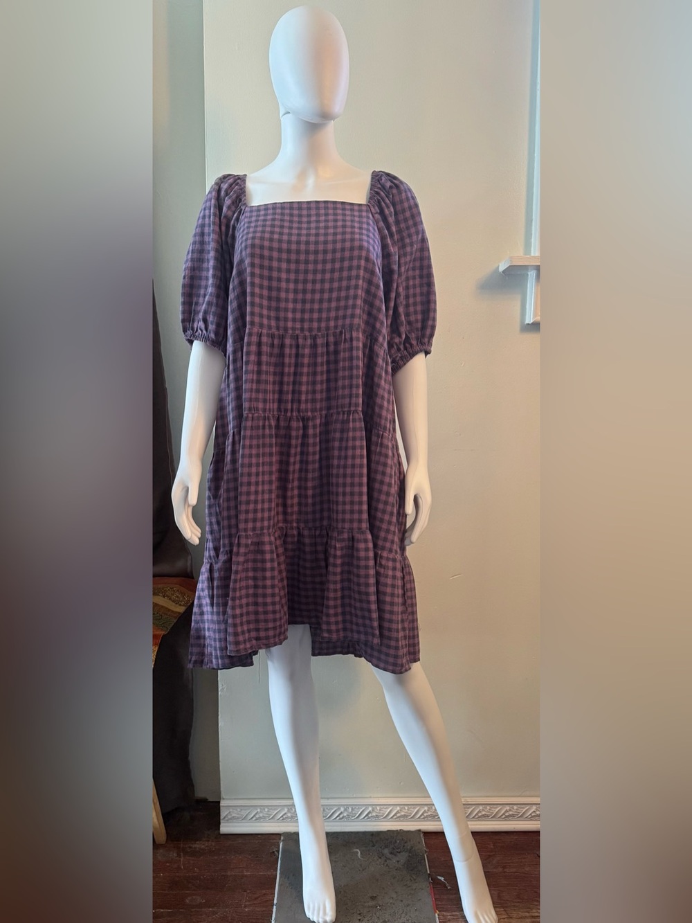 easel Plum Gingham Tiered Midi Dress with Puff Sleeves
